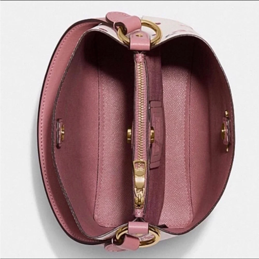 Coach Small Town Bucket Pink Leather Signature Canvas Heart Petal Print Chalk